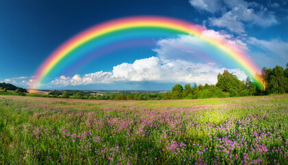 Naklejka premium panorama panorama with flowering meadow and rainbow in sky