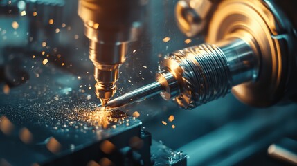 Advanced Precision Machining Process with Metal Shavings and Sparking from CNC Lathe and Tool in a High-Tech Workshop Environment