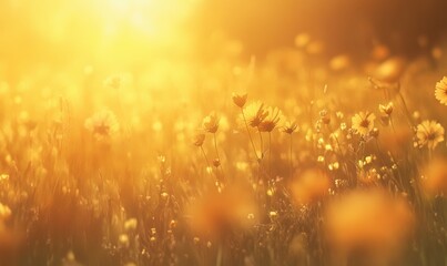 Abstract sunset field landscape of yellow flowers and grass meadow on warm golden hour sunset or sunrise time. Tranquil spring summer nature closeup and blurred forest background. Idyllic nature