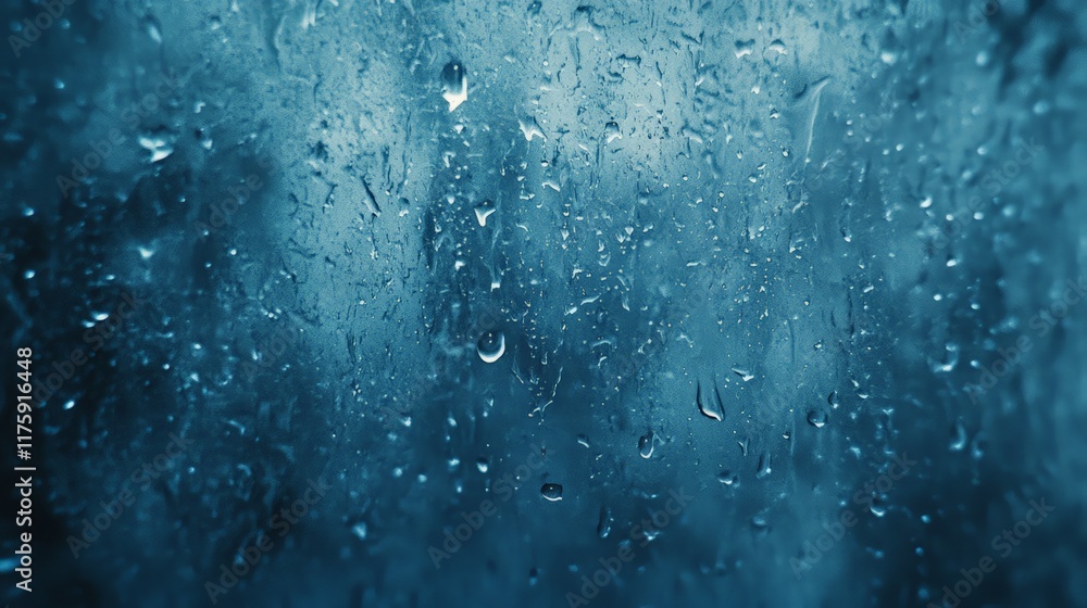 Poster rain drops sliding down a glass window surface during a rainy day, creating a beautiful texture with