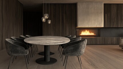 Modern dining room with fireplace and marble table.