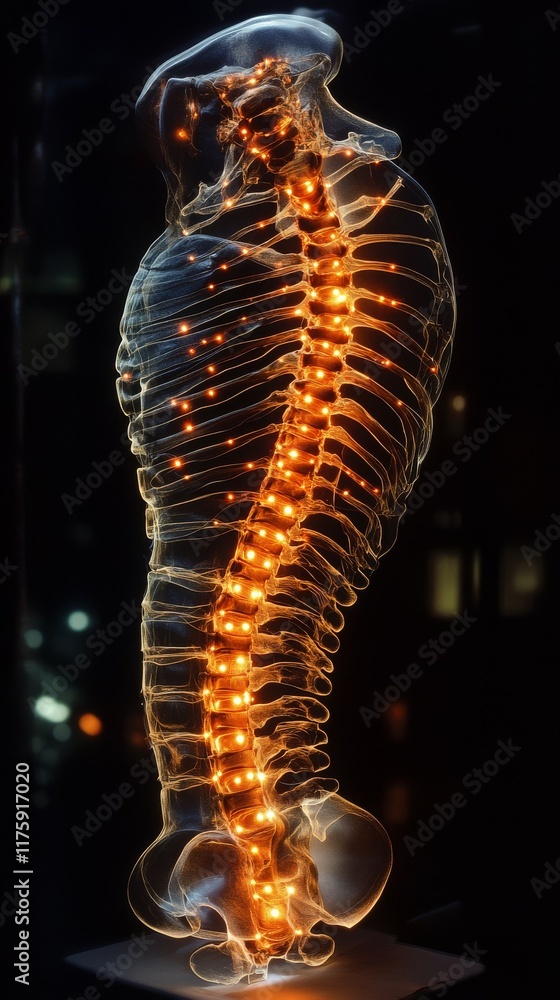 Poster a cross-section of the spinal column with nerves lit up, emphasizing the central role of the spine i
