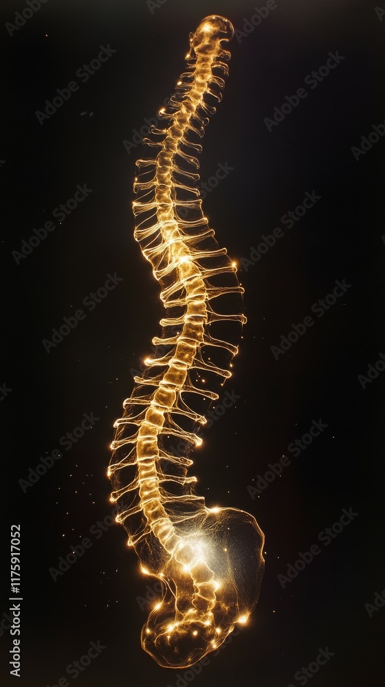 Poster a cross-section of the spinal column with nerves lit up, emphasizing the central role of the spine i
