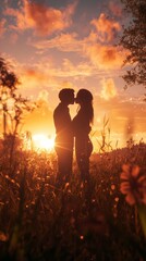 Fototapeta premium A couple kiss under a bright sunset, marking World Kissing Day with a moment of love.