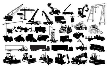Construction Silhouette: A diverse collection of construction machinery and vehicles, silhouetted against a bright background. This image captures the power, scale. © Saiid-Designs