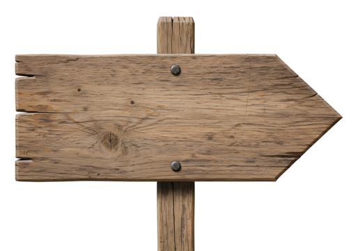 Old wooden directional sign isolated on transparent background, rustic navigation concept. Transparent PNG cutout
