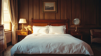 Vintage retro bed in room interior, featuring old house apartment wooden decoration, with chamber cosy classic hotel antique furniture design home.