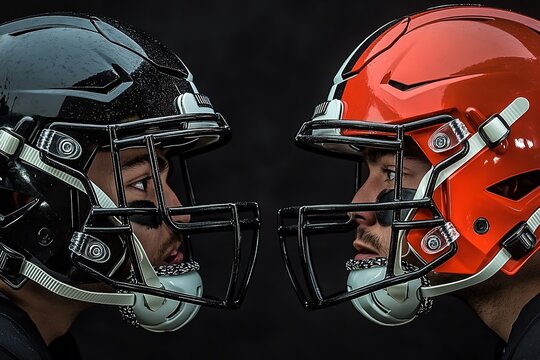 Two football players facing off in helmets - Powered by Adobe