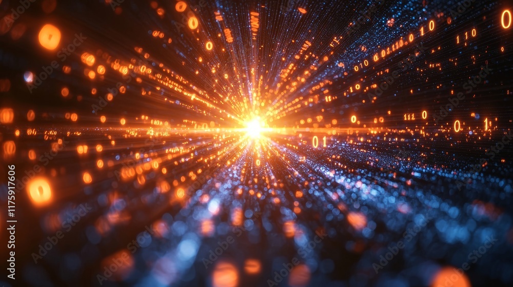 Poster the idea of a digital cyberspace encompassing particles and a network of digital data connections