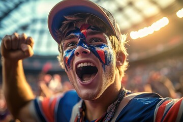 Excited fan with face paint cheering at stadium