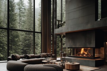 modern luxury cabin interior, floor-to-ceiling windows, forest view, minimalist furniture, floating fireplace, wood floors, cozy atmosphere, natural light, contemporary design, zen living space, rusti