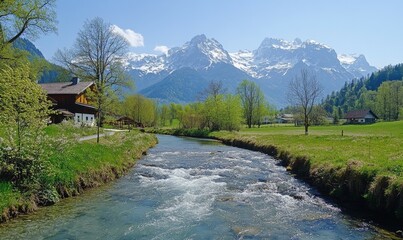 Ammer flowing through Ettaler Weidmoos nature reserve in spring