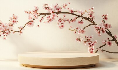 3D background, beige podium, wood display. Sakura pink flower tree branch.