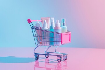 Shopping cart filled with beauty cosmetic products on blue and pink background. Online and offline women shopping concept. International women's day