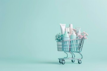 Shopping cart filled with beauty cosmetic products on light green background. Online and offline women shopping concept. International women's day. Copy space