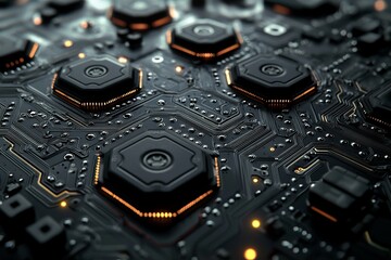 Fototapeta premium A detailed 3D illustration showcasing a life-like robot or cyber armor, with a close-up of crypto-mining equipment, such as video cards and motherboards, highlighting bitcoin and ether mining setups