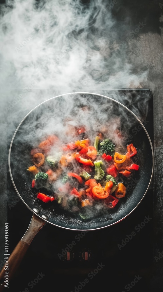 Poster freshly cut broccoli and bell peppers are steaming as they cook in a frying pan on an induction stov