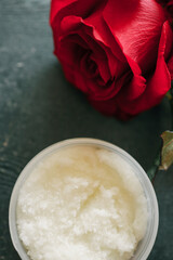 Body scrub with rose petals, cosmetology and care