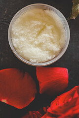 Body scrub with rose petals, cosmetology and care