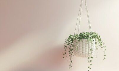 Minimalist hanging plant in a woven white basket, set against a pastel wall, soft lighting enhancing its natural texture,