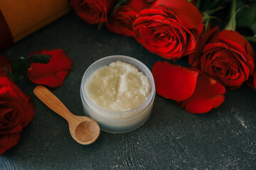 Body scrub with rose petals, cosmetology and care