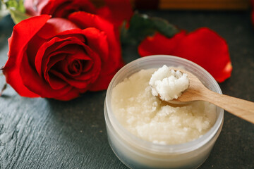 Body scrub with rose petals, cosmetology and care