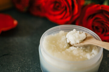 Body scrub with rose petals, cosmetology and care