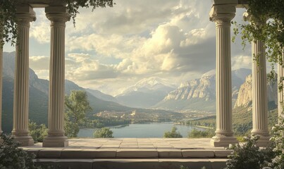 Ancient temple reconstruction with majestic columns and serene landscape