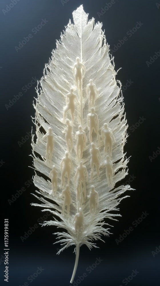 Poster a large, detailed feather where each strand is a tiny human figure, contributing to the overall deli