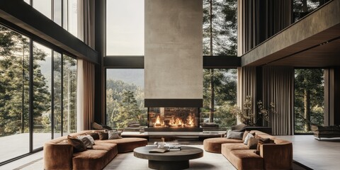 Fototapeta premium modern luxury interior, floor-to-ceiling windows, panoramic forest view, minimalist fireplace, cozy living room, earth tone furniture, natural materials, high ceilings, architectural design, warm ligh