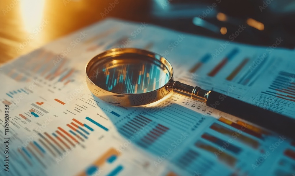 Poster a magnifying glass on top of a spreadsheet representing finance with business graphs and charts.