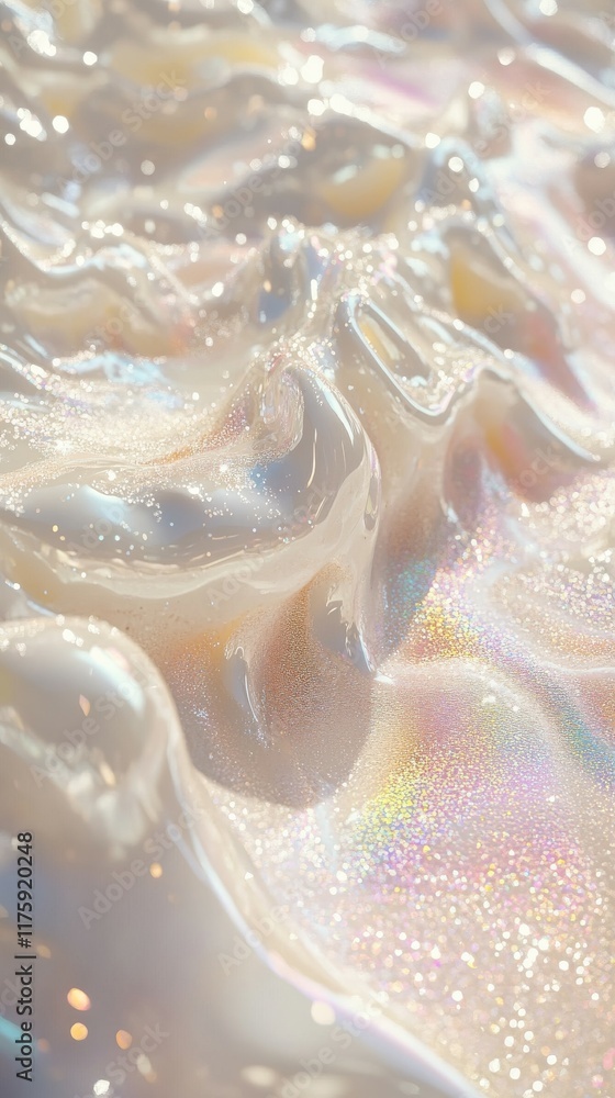 Poster a close-up of a pearlescent white wave with a dusting of rainbow glitter, conveying the purity and c
