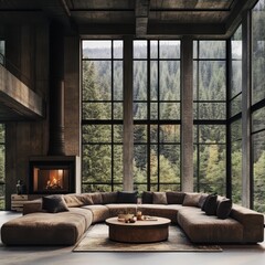 Fototapeta premium modern luxury interior, floor-to-ceiling windows, panoramic forest view, minimalist fireplace, cozy living room, earth tone furniture, natural materials, high ceilings, architectural design, warm ligh
