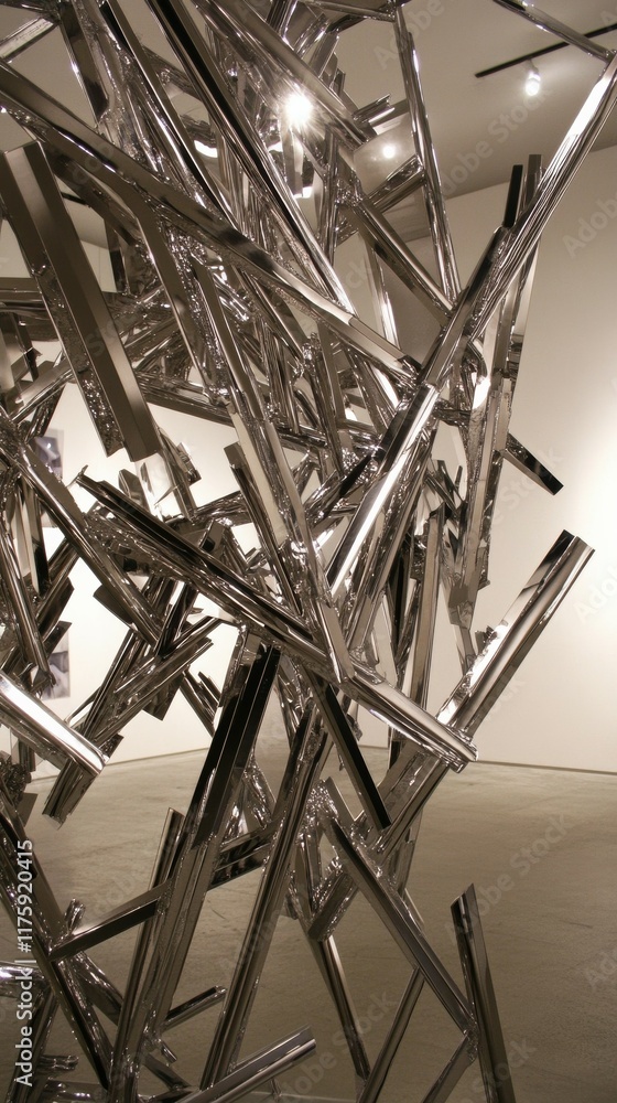 Poster a modern art sculpture made from metallic rods bent into angular and curving shapes, mimicking the g