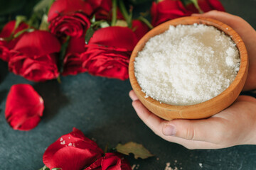 Body scrub with rose petals, cosmetology and care