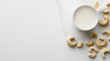 White mug filled with a creamy white liquid, likely milk, on a light grey background. around the mug, there are several cashew nuts scattered on the surface.