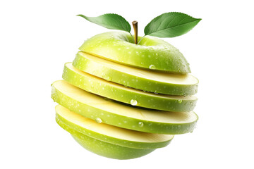 Fresh green sliced apple with leaves and water droplets isolated on white transparent background, showcasing healthy fruits
