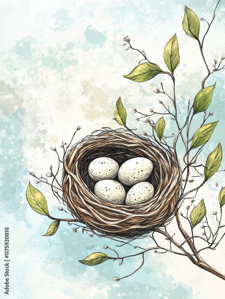 Aufkleber Hand drawn doodle of a bird nest with eggs on a soft blue background surrounded by branches and leaves. Generative AI