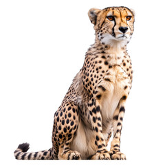Cheetah sitting calmly against a white backdrop