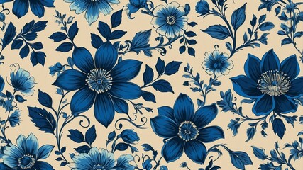 Blue seamless vector stock flowers with leaves pattern on cream background, vibrant, elegant, delicate, intricate design, floral motif, botanical, detailed, nature-inspired, repeating, fresh, soft ton