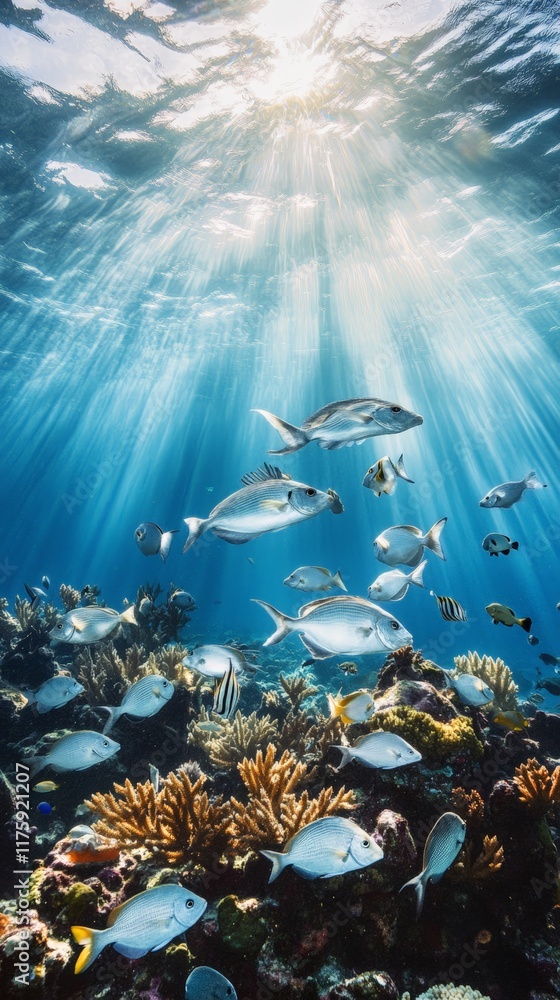 Poster sunbeams filtering through the ocean surface illuminate a vibrant coral reef teeming with a diverse 