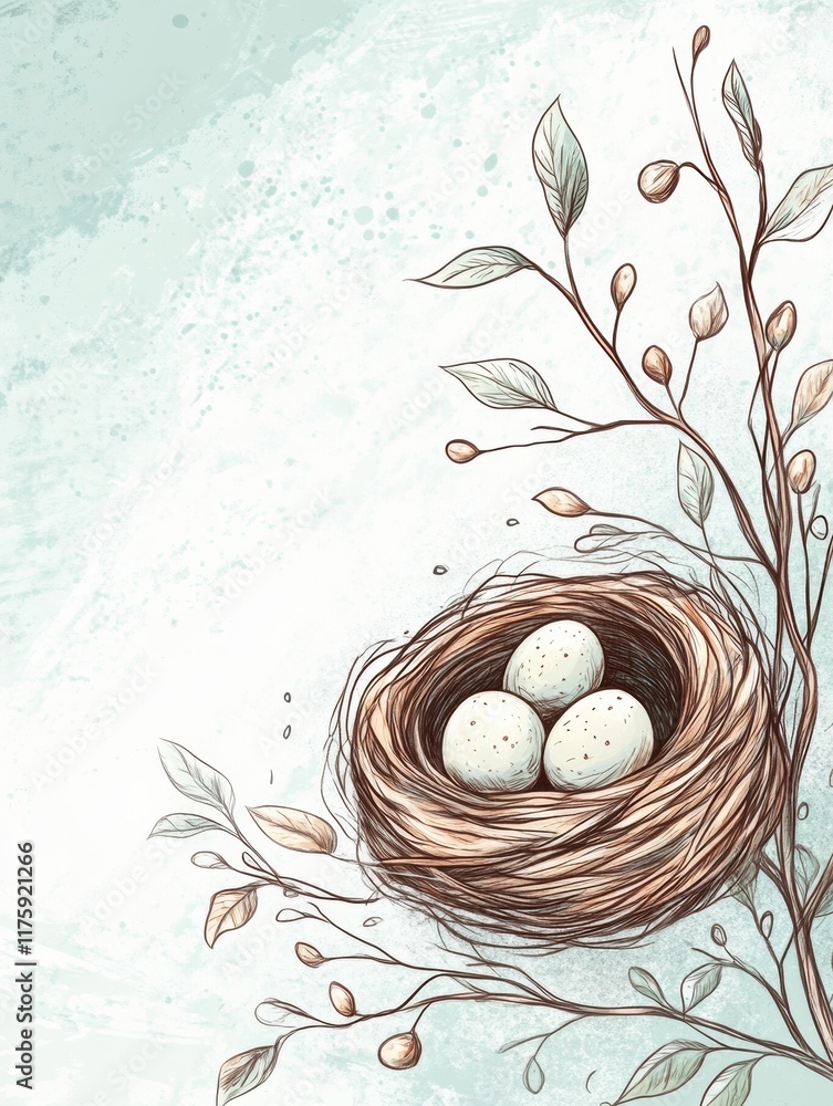 Poster Hand drawn doodle of a nest with four speckled eggs surrounded by delicate leaves on a soft background. Generative AI