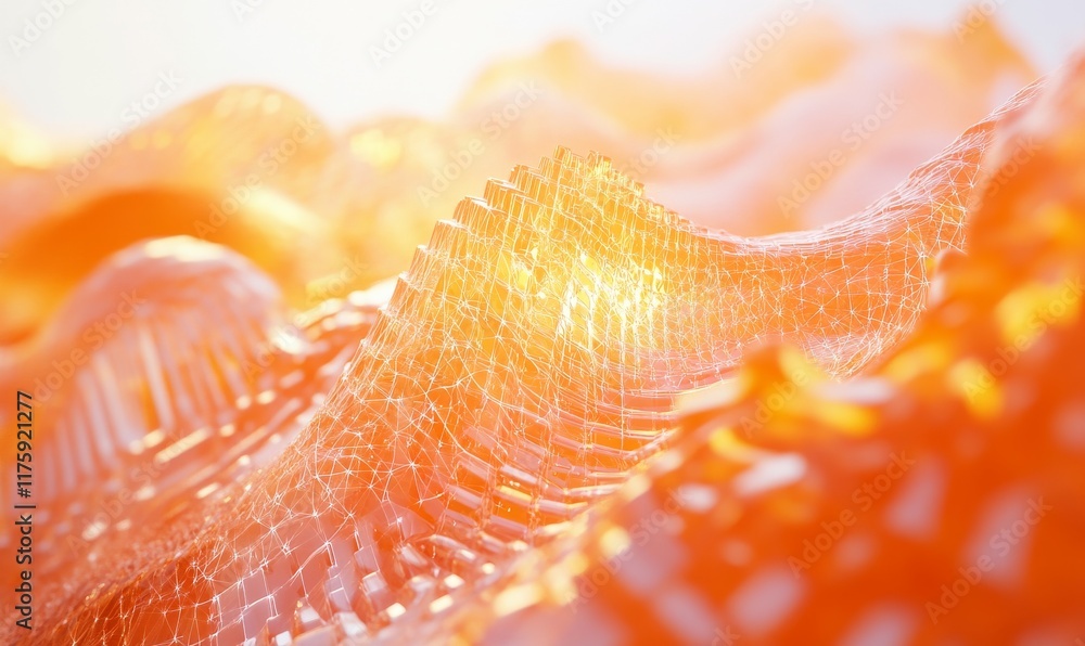 Poster orange crystal mesh. futuristic global data network concept with copy space. 3d render.