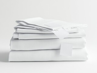 Neat stack of clean white sheets and pillowcases with blank tags.