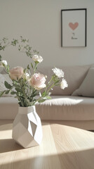 Minimalist interior with vase of pastel roses and heart artwork