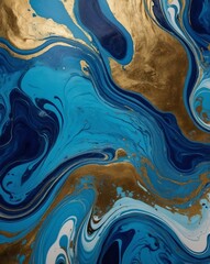 Hand painted background with mixed liquid blue and golden paints. Abstract fluid acrylic painting. Modern art. Marbled blue abstract background. Liquid marble pattern. Blue seamless background, detail