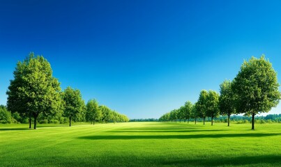 Obraz premium A serene park with tree-lined pathway and grassy field under a clear blue sky.