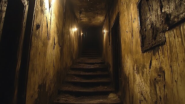 Dark Stairwell in Abandoned Building Descends into Shadowy Depths - Powered by Adobe