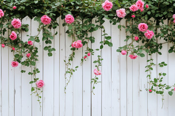 Fototapeta premium A white wooden fence with climbing roses creating a soft, romantic look
