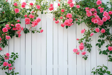 A white wooden fence with climbing roses creating a soft, romantic look